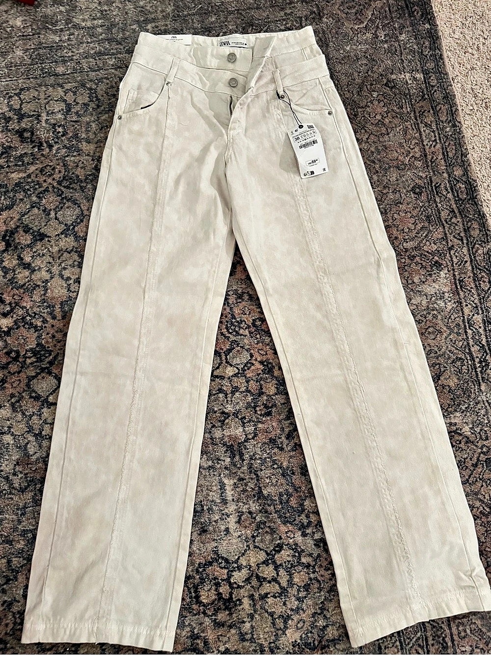 ZARA The Slim Frayed Pant Wide Leg Cotton Pants in Cream Medium NWT